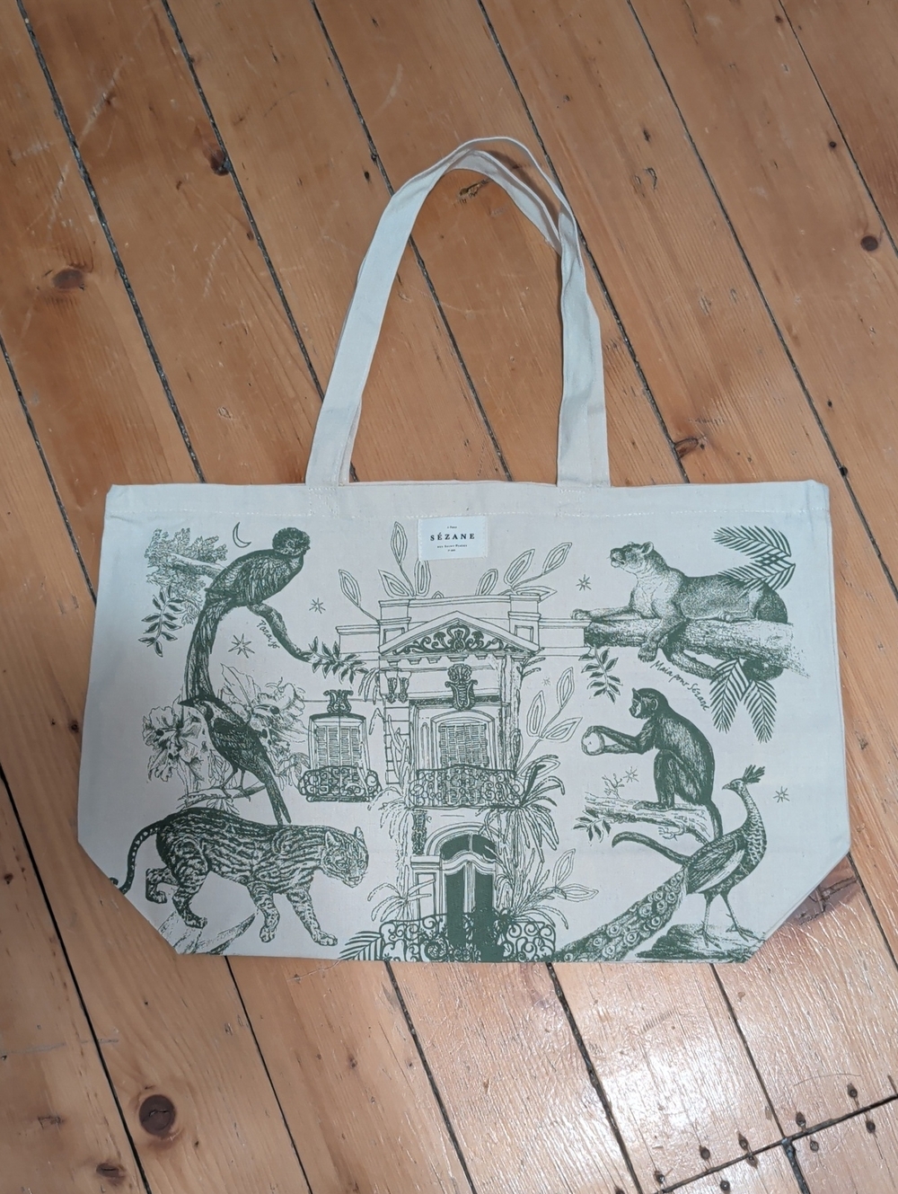 Sezane Green Printed Canvas Tote Bag